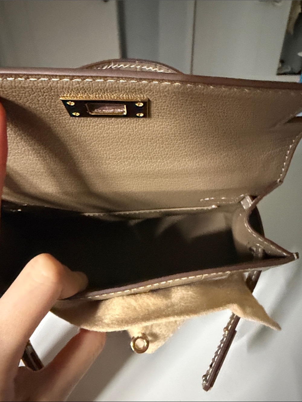 Taupe Croc-Embossed Top Handle Bag with Gold Hardware - Picture 6 of 12